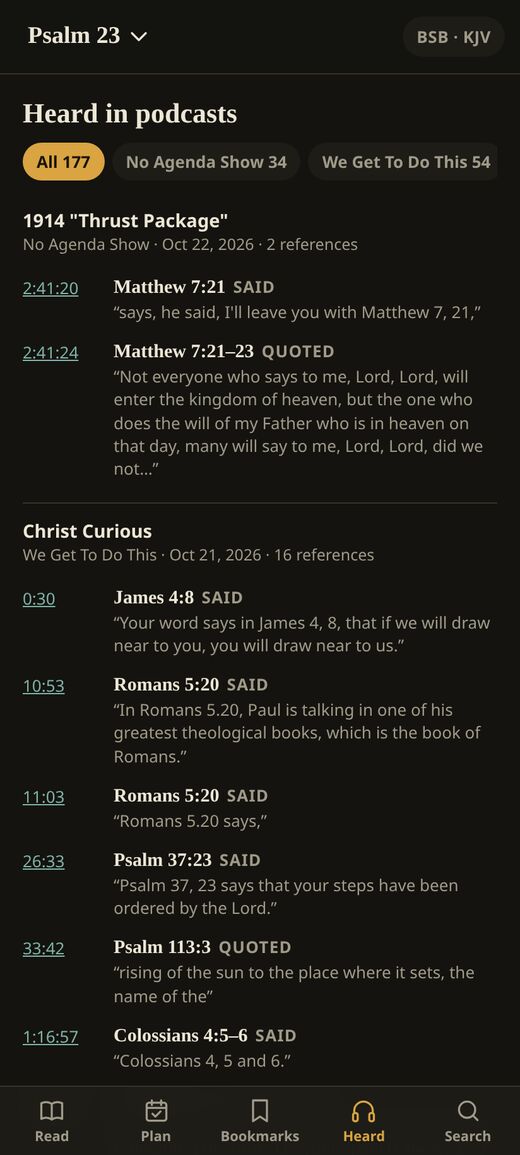 Heard in podcasts: Bible references found in episodes, each with its time, the reference, whether it was said or quoted, and the words
