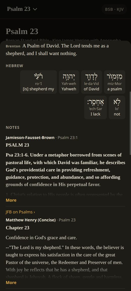 Psalm 23:1 in Hebrew, right to left, with transliteration and English, then Jamieson-Fausset-Brown and Matthew Henry's notes
