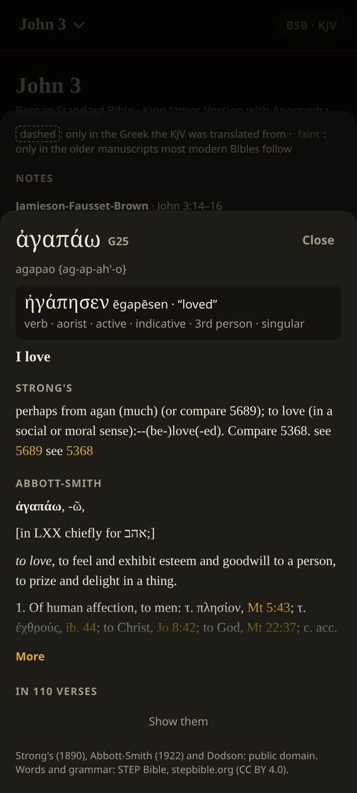 The Greek word agapao: its grammar spelled out, Strong's definition, the Abbott-Smith lexicon entry, and 'In 110 verses'