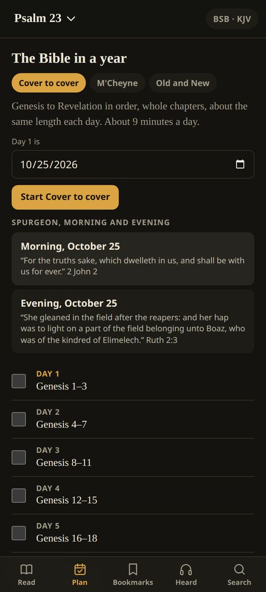 The Bible in a year: three plans, a start date, Spurgeon's Morning and Evening for the day, and a check box for each day's reading