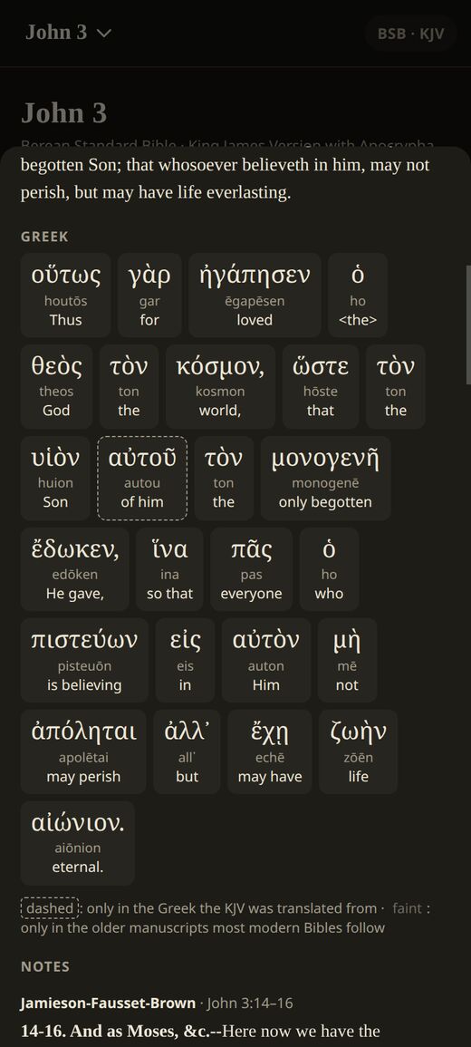 John 3:16 in Greek, word by word: each word, how it sounds, and its English; one word outlined with a dashed line
