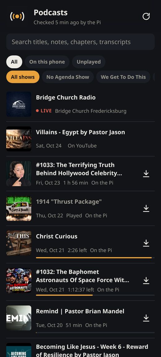 The podcast list on a phone: a live church radio station at the top, then episodes with their art, how much is left, and where each one is kept