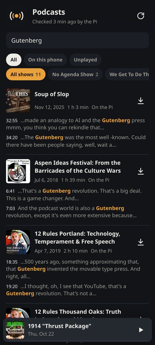 Search results for Gutenberg across shows: each episode with the exact moments the word was said and a few words around it