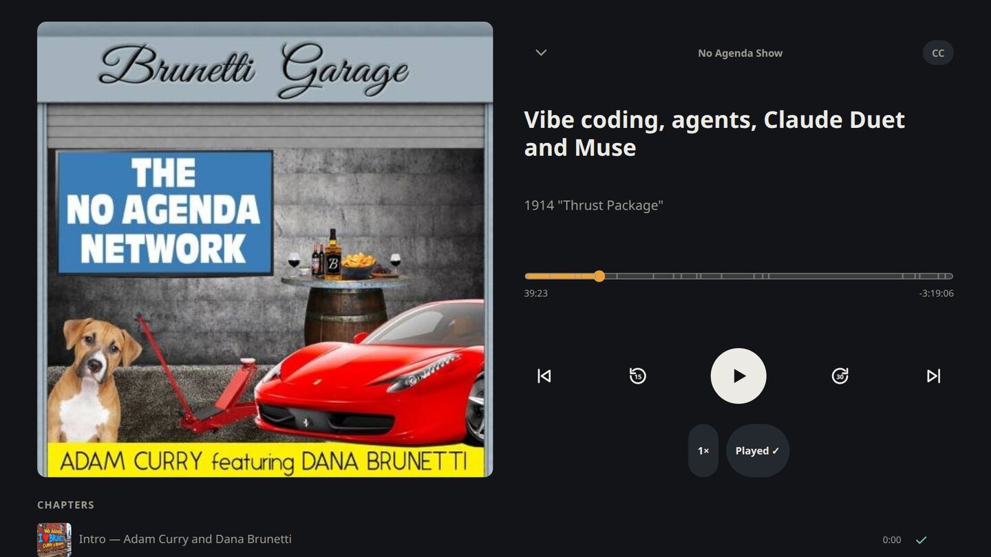 The same player on a television: large chapter art on the left, the chapter title, scrubber and remote-friendly controls on the right