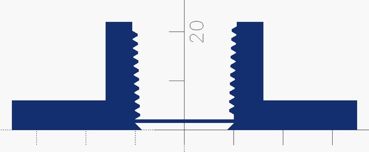 A vertical cut through the flange's first version: the threaded bore, with a thin solid disc lying across it just above the bed.