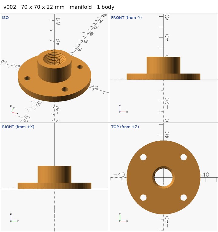 The four-view sheet of the finished flange: iso, front, right and top views on a millimetre grid, with the size, manifold and one body in the title.