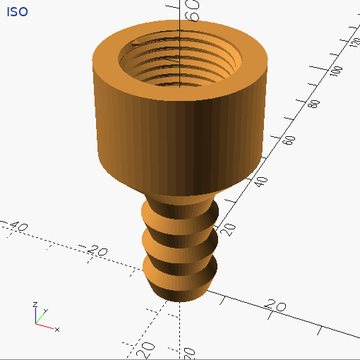 A round body threaded inside at the top, chamfered underneath onto a four-barb hose barb.