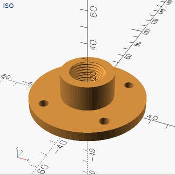 A floor flange: a disc with four screw holes and a threaded hub.