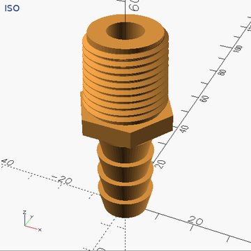A hose barb below a hex with a male pipe thread on top.