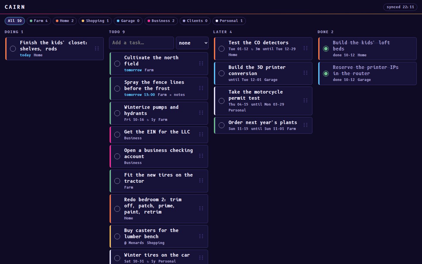 The board on a desktop browser: Doing, Todo, Later and Done columns