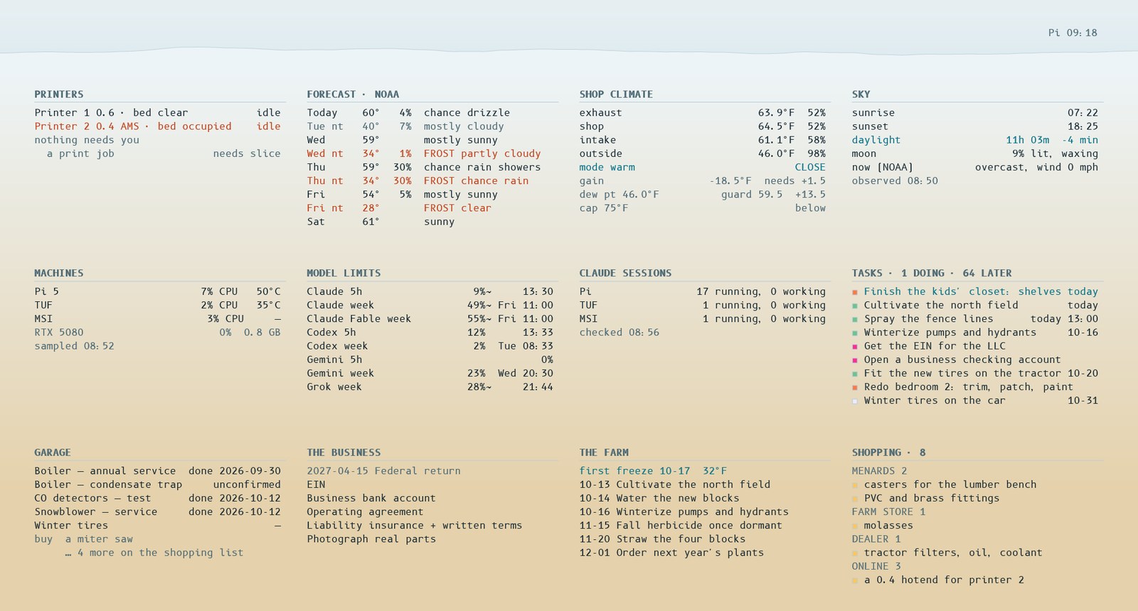 A second-screen dashboard of twelve text cards over a pale morning sky and a ridge line: printers, forecast, shop climate, tasks, shopping