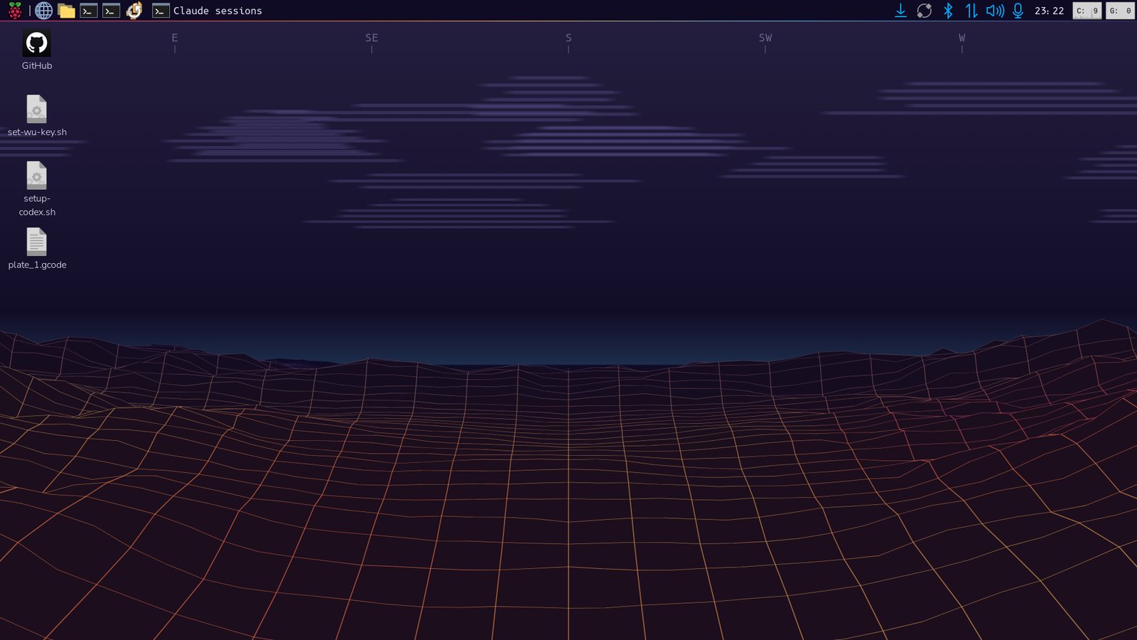 A Linux desktop at night: the dark theme's panel above a wireframe landscape in autumn colours under clouds