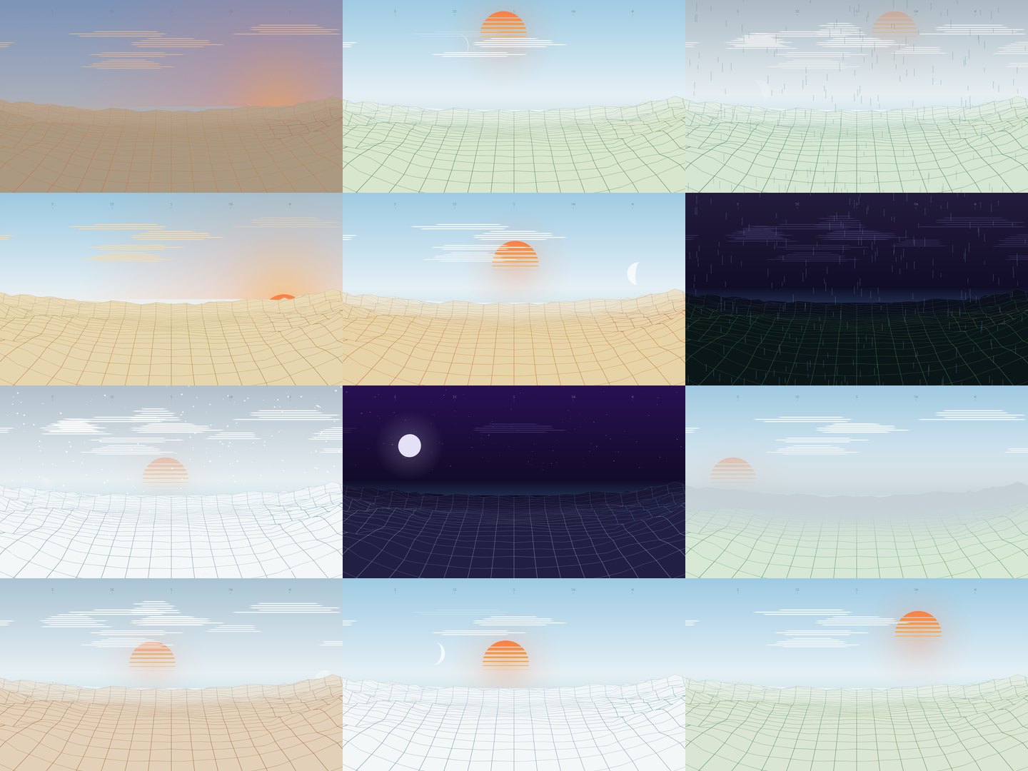 Twelve versions of the landscape: dusk, summer, rain, a fall sunset, peak fall, a storm at night, snow, a full moon, fog, late fall, winter and spring